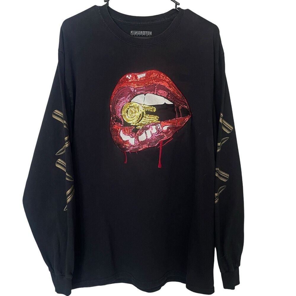 Hardten Shirt Men Large Lips Bullets Sequined Streetwear Cotton Long Sleeve FLAW